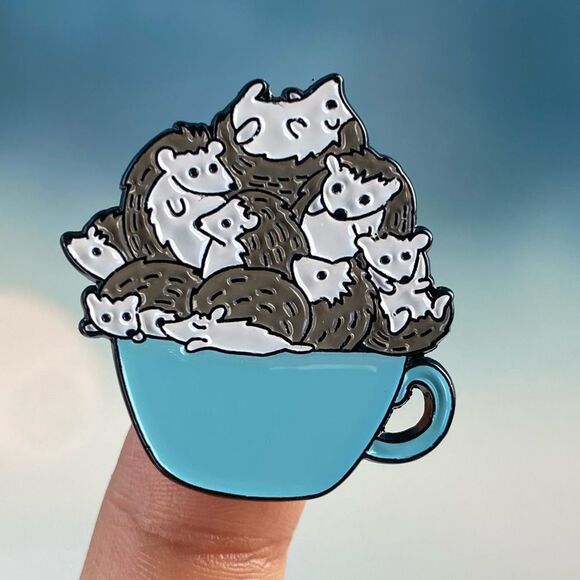 Cup O’ Hedgehogs Enamel Pin/ Brooch Lapel - Picture 1 of 6